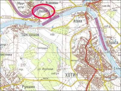 Map showing Okopy, Ukraine, about 5 km northwest of Khotyn.