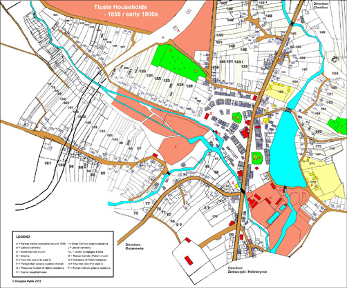 Detailed map of plots and building locations in Tluste in 1858/early 1900s