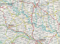 Map of Tovste and surrounding region. Adapted from Shell EuroKarte Ukraine Nord/Mitte (1997) - 1:750,000